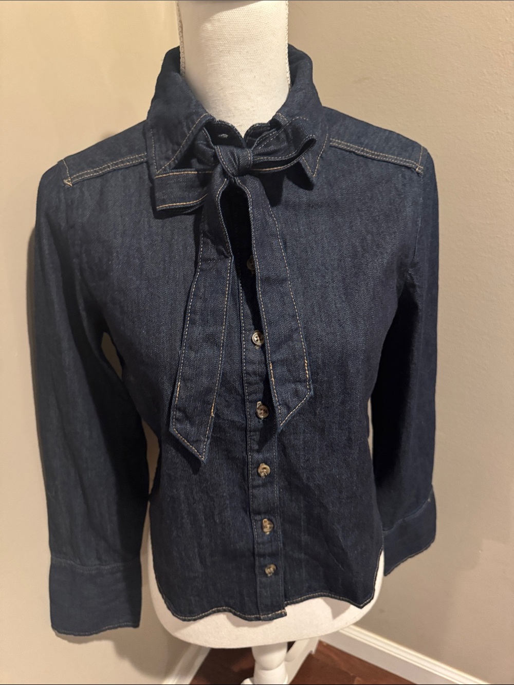H & M Divided dark denim cotton button up top with tie at the neck, size S - Picture 7 of 14
